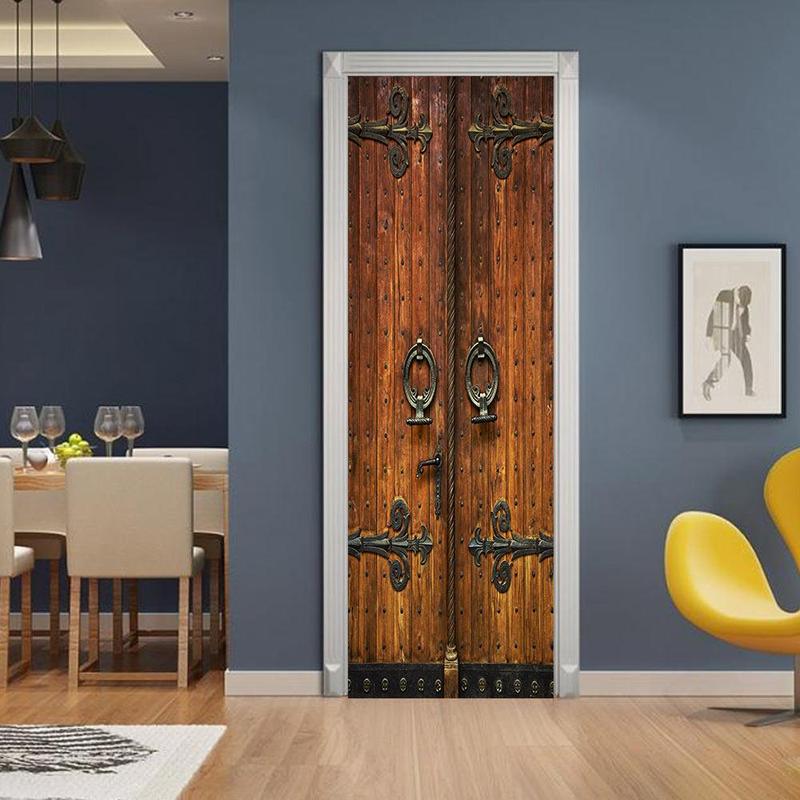 Vintage Door Pattern Door Sticker, 2pcs/set Removable Waterproof Door Sticker, Self-adhesive Wall Decal, Wall Decor for Home Living Room Bedroom, Home Decor 3