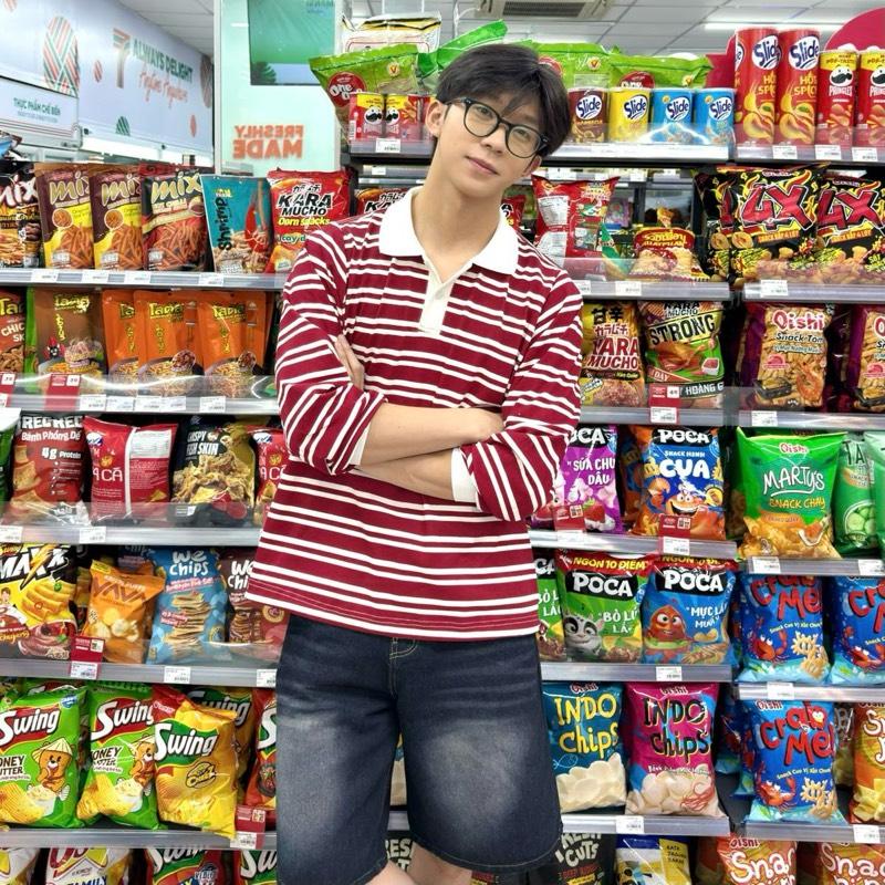 Calem.Club - Áo Polo Shirt tay dài có dây rút họa tiết kẻ sọc ngang form rộng nam nữ áo kiểu nữ áo polo nữ