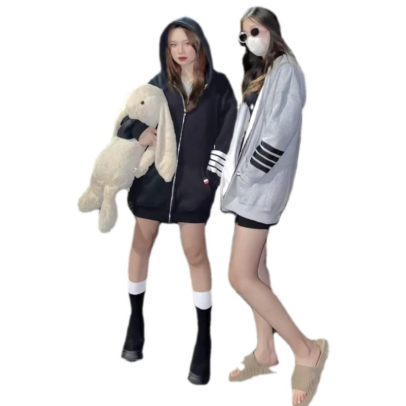 ÁO KHOÁC NỈ NAM NỮ KHÓA KÉO SỌC TAY MŨ HAI LỚP PHONG CÁCH GIRL PHỐ BOY PHỐ FORM RỘNG Jacket Women Top Xám