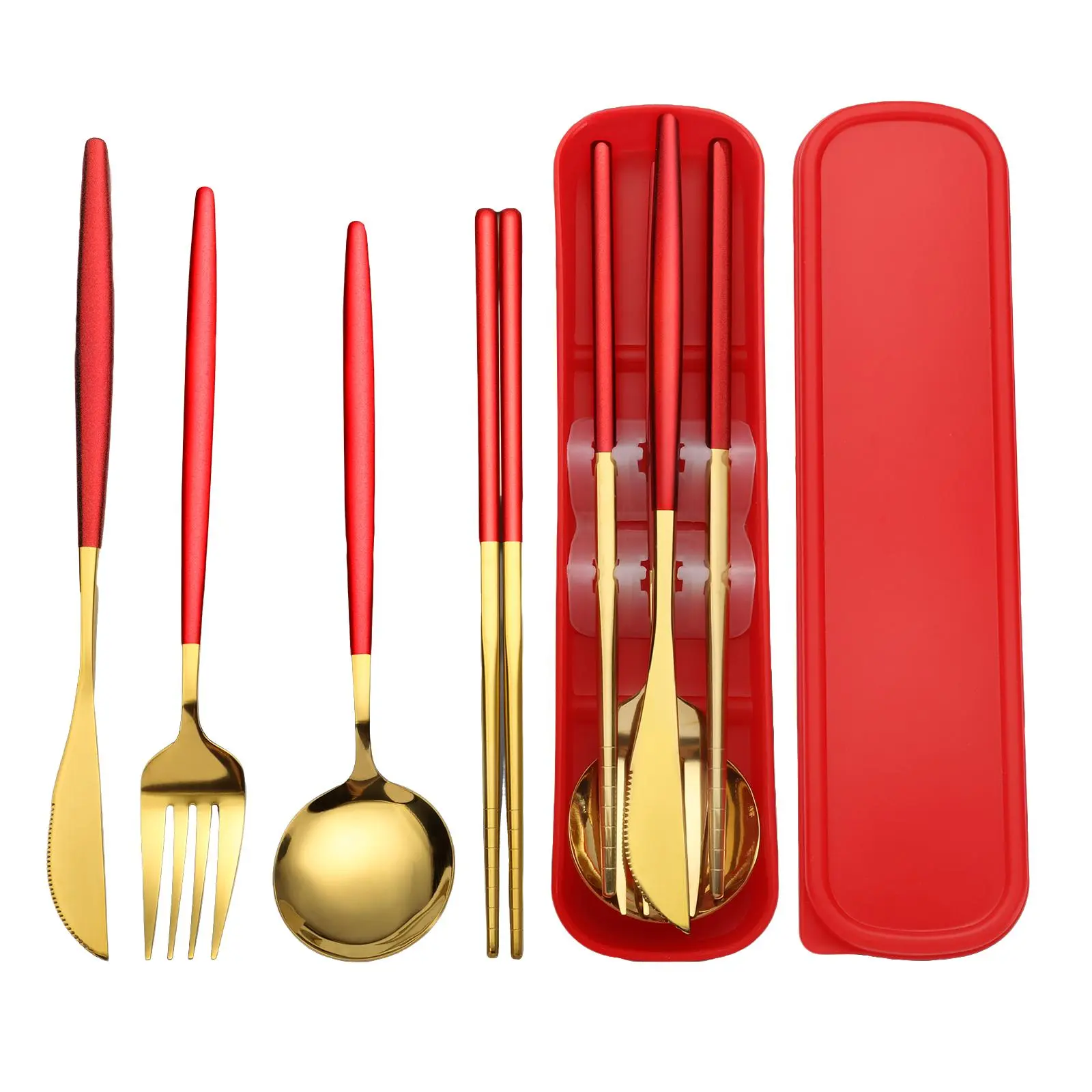 Stainless Steel Tableware Set, 3/4 Counts Stainless Steel Spoon & Chopstick & Fork (and Optional Knife), Portable Cutlery Set with Storage Box, Modern Travel Kitchenware Utensils