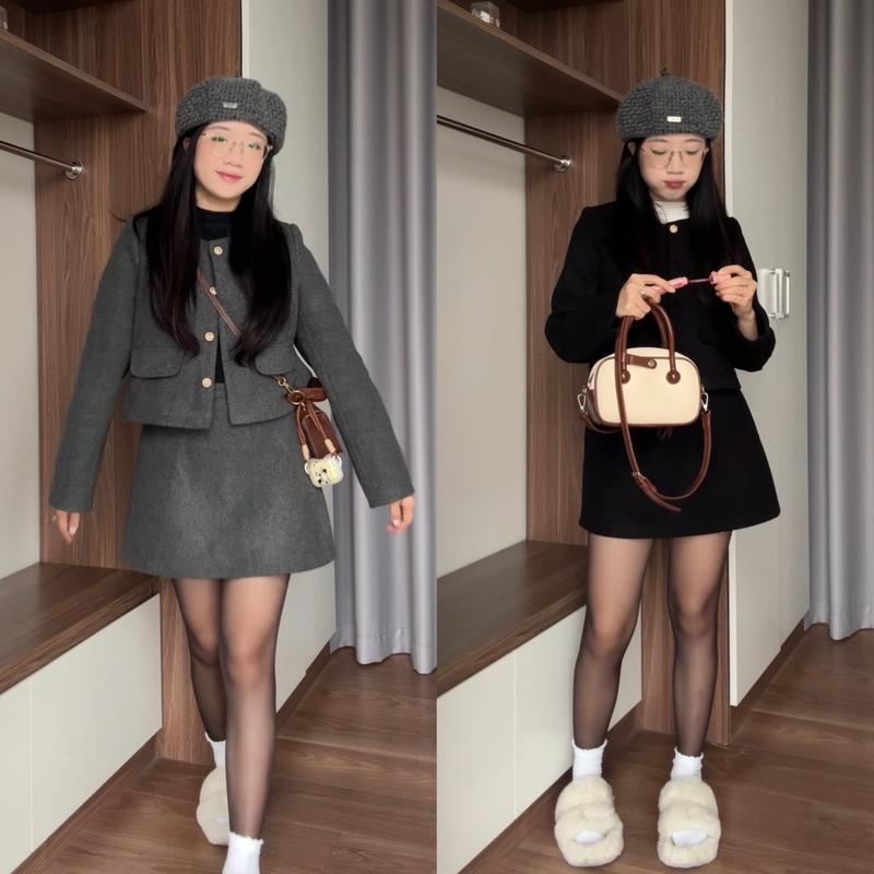 SET Áo dạ túi nắp kèm chân váy ngắn dáng A Bazic onee