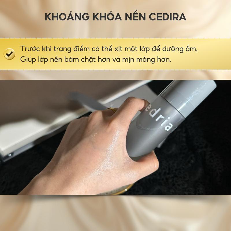 Xịt Khoáng Khóa Nền Cedria 120ml – Cố định lớp trang điểm bền lâu, giữ nền tươi mới cả ngày. Dưỡng ẩm với chiết xuất rau má, rễ cam thảo, bảo vệ da khỏi bụi bẩn và dầu thừa hiệu quả. 5
