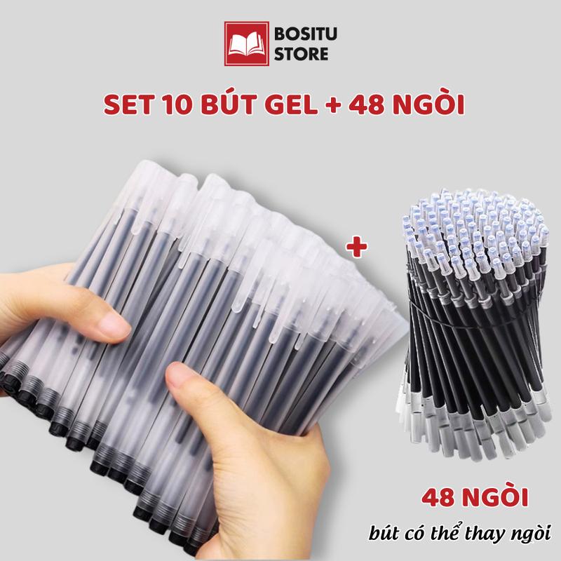 Bút Bi Gel SET 10 Bút + 48 Ngòi mực xanh đen đỏ ngòi 0.5mm bút bi nước viết trơn đẹp cho học sinh văn phòng _ Bositu Store