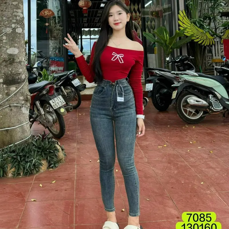 Quần Jean Nữ Ốm Lưng Cao Co giãn - Quần bò nữ ôm dáng màu Xanh phủ dơ, chất vải jean dày dặn mặc đi làm đi chơi