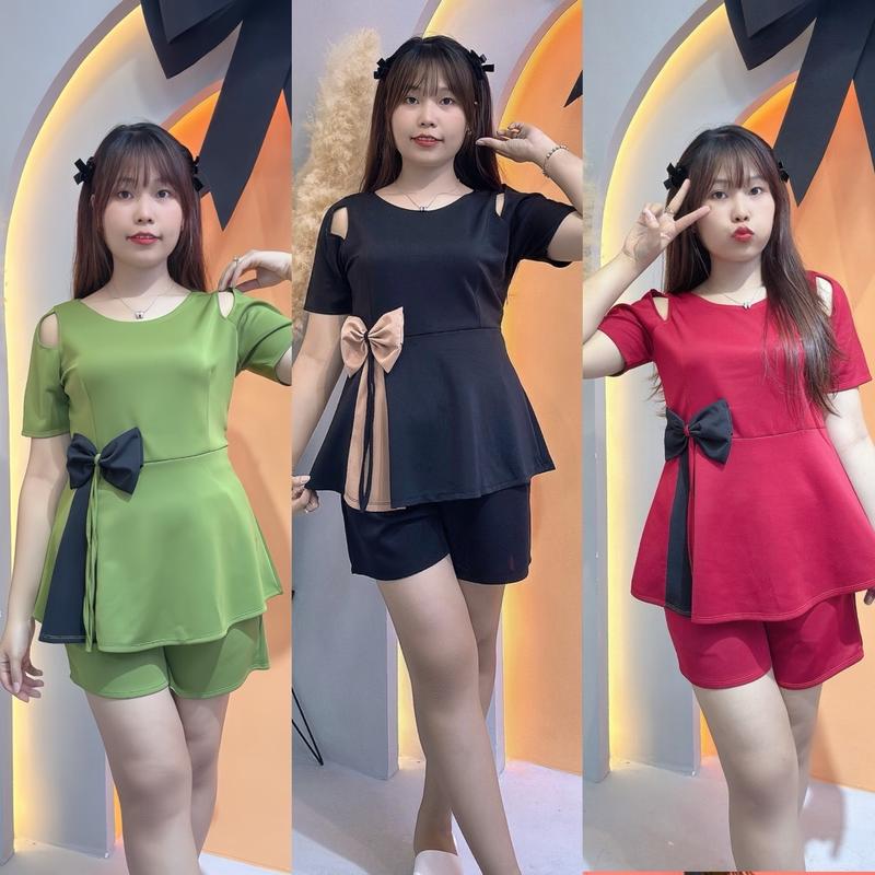   Bigsize 60-95kg Sét Bộ Quần Đùi Áo Khoét Vai Hai Bên Đính Nơ Xinh Xắn Cho Nàng Chuppy,chất liệu thun poly Nữ Women 