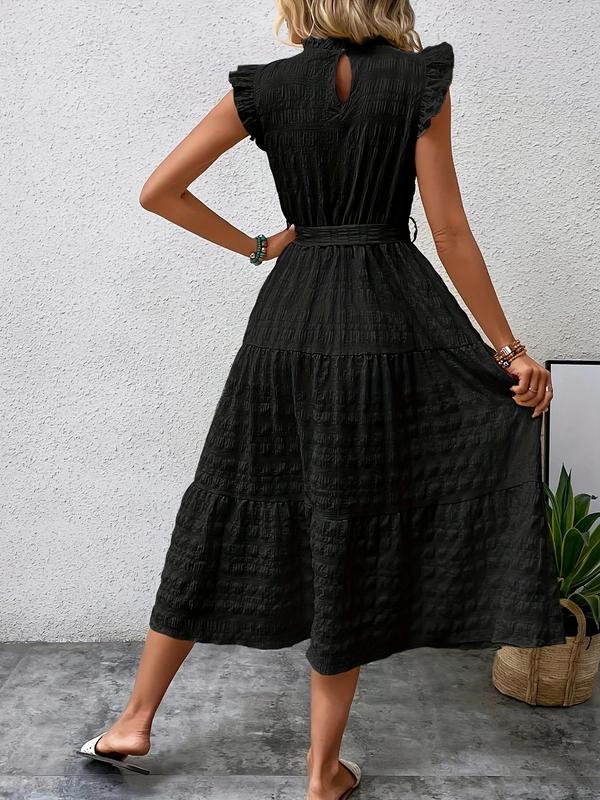 Plain Belted Ruffle Hem Frill Trim Keyhole Neckline Butterfly Sleeve Dress, Boho Cap Sleeve A Line Long Dress for Beach Holiday Vacation, Ladies Summer Clothes 4