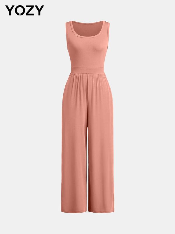 YOZY Solid High Waist Wide Leg Tank Jumpsuit/ Casual Comfort Sleeveless Jumpsuit, Women's Daily Wear for Summer & Autumn 3