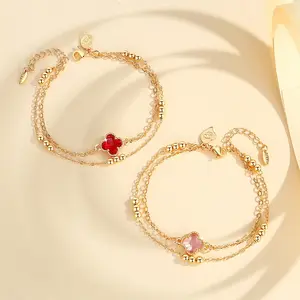 LM727 Gelang Rantai Kristal Empat Daun Semanggi Berlapis Emas Dua Lapis Anti Luntur Baja Tahan Karat Aksesori Perhiasan Mode Wanita Dewasa