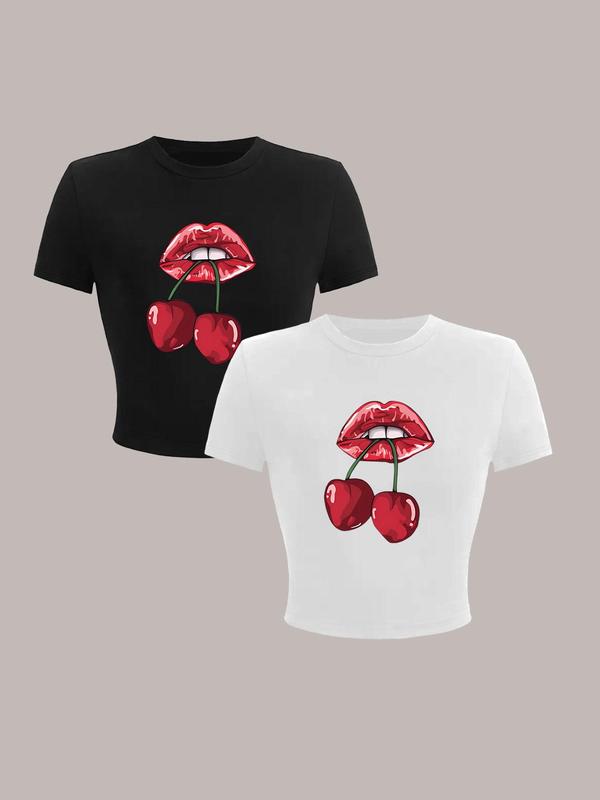 Women's Cherry & Lip Print Short Sleeve Tee, Casual Round Neck Crop T-shirt, Ladies Summer Clothes for Daily Wear 0
