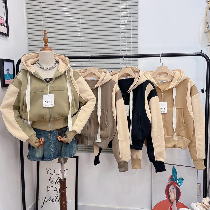 Áo khoác nỉ dệt phối thân 4 túi co bo thun form vừa nữ Women Top Nhung Hoodie Voi Đen zipper zipper