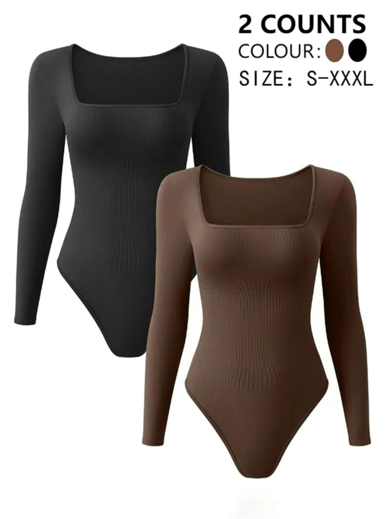 Product Introduction of Women's Solid Square Neck Long Sleeve Shapewear Bodysuit, Casual Comfy Button Closure Crotch Tummy Control Butt Lift Shaper, Ladies Shapewear for Daily Wear 1