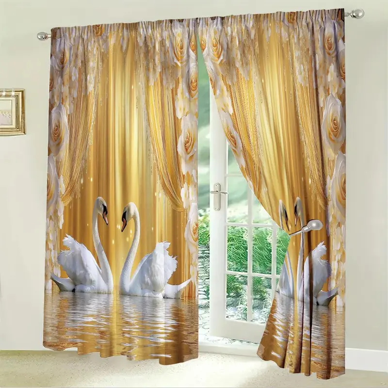 Swan Pattern Door Curtain, 1 Set Exquisite Printing Door Curtain with Tie Rope, Home Decor for Living Room Bedroom Hotel Bathroom 6