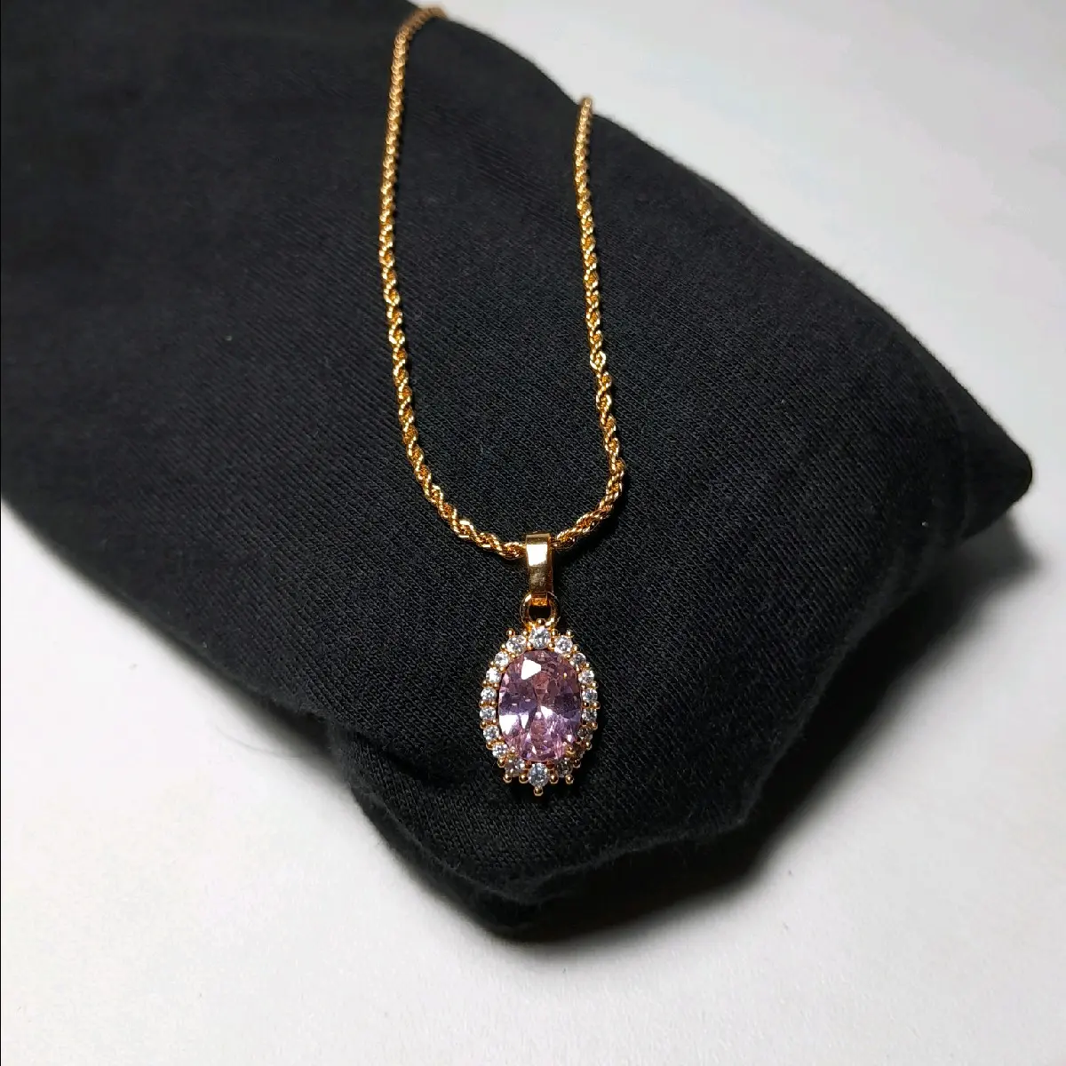 Kalung tambang plus liontin batu pink panjang 45 cm