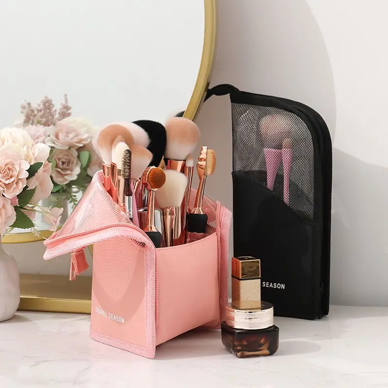 Travel Makeup Brush Bag Portable Holder Organizer Pouch Waterproof Stand-Up Mesh Storage Case
