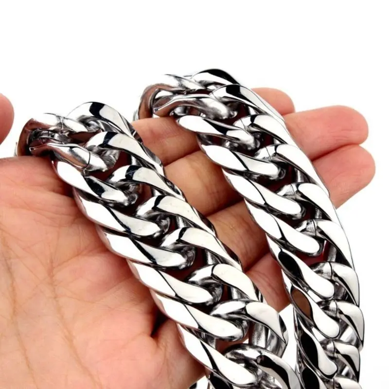European and American New Stainless Steel Cuban Link Chain Double Buckle Six-Sided Grinding Men's Titanium Steel Colorfast Necklace Large Chunky Chain Necklace