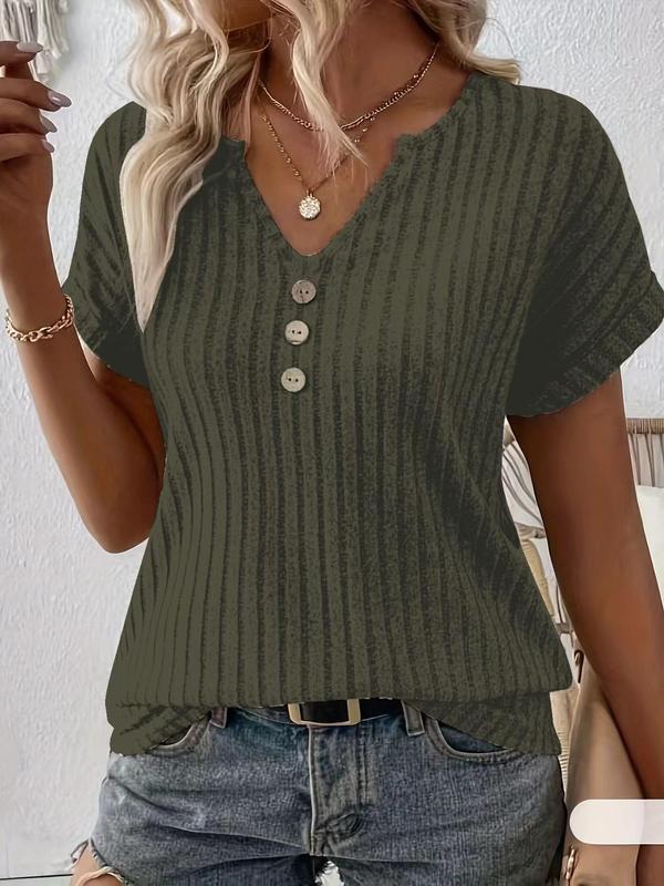 Women's Plain Button Decor Notched Neck Tee, Elegant Casual Fashion Short Sleeve Ribbed T-shirt for Summer, Ladies Clothes for Daily Wear, Womenswear 4