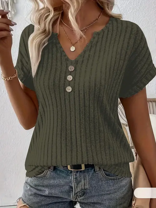 Women's Plain Button Decor Notched Neck Tee, Elegant Casual Fashion Short Sleeve Ribbed T-shirt for Summer, Ladies Clothes for Daily Wear, Womenswear 4