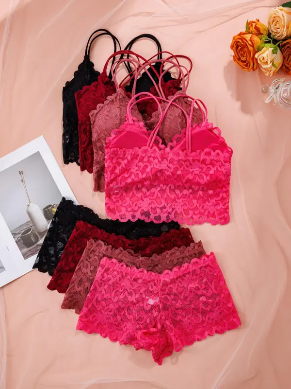 Women's Contrast Lace Backless Bra & Shorts Underwear Set, Sexy Comfy Breathable Lingerie Set for Daily Wear, Underwear Set for Women 8