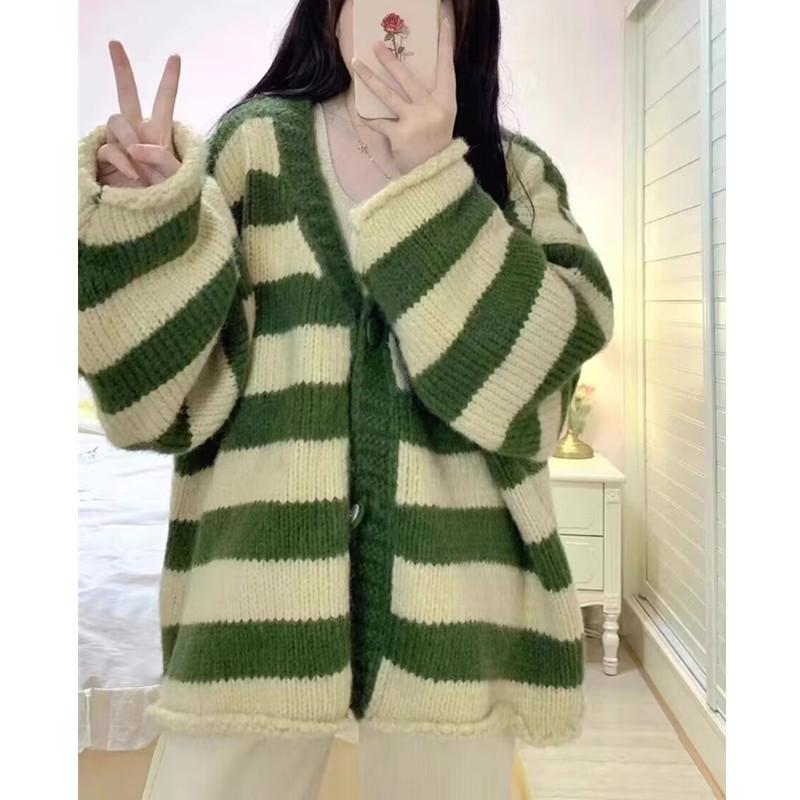 Áo Cardigan Dệt Kim Kẻ Sọc Cho Nữ, Áo Len Dáng Rộng Phong Cách Lười Biếng Hàn Quốc, Áo Dài Mềm Mại, Xuân Thu