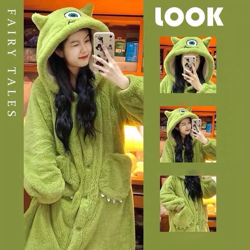 Áo choàng ngủ SIEURE Váy ngủ bông hình thú xanh ngộ nghĩnh bông dày mềm ấm Nữ Dress - Freesize - Women khủng long