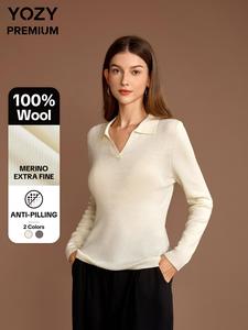 100% Merino Wool, Washable Extra Fine Yarn, Classical Office Siren Style, Easy Care and Anti-Pilling, YOZY-Premium Women's Lightweight Sweater