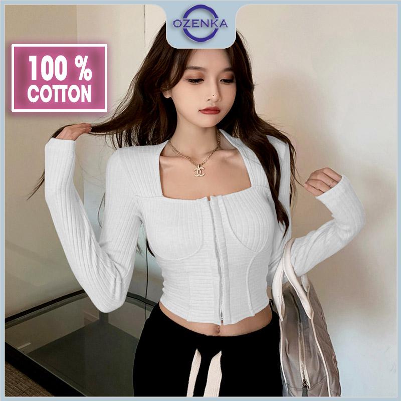 Áo croptop tay dài kéo khóa cổ vuông ôm nữ ozenka áo crt kiểu hàn quốc màu đen trắng dưới 55 kg Cotton Shirt Sơ Mi Kem Sơ Mi Kem Women Jean