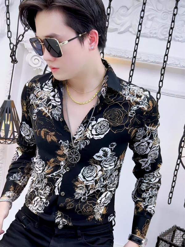 Áo sơ mi lụa nam họa tiết hoa hồng vàng trắng  nam tính Menswear Shirt Tre 9