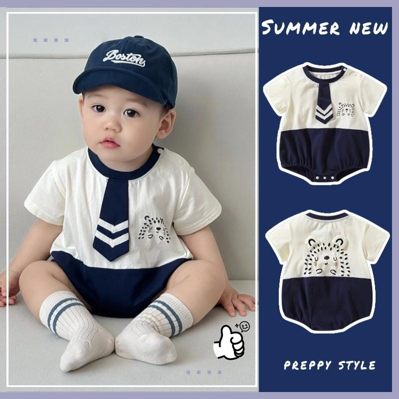 Quần Áo Trẻ Em Mùa Hè Mới, Áo Liền Quần Ngắn Tay Cho Em Bé Trai Và Bé Gái, Cotton Nguyên Chất, Thoải Mái, Siêu Đẹp Trai, Thích Hợp Cho Em Bé 0-24 Tháng Tuổi, Áo Liền Quần Phong Cách Học Sinh Buộc Dây, Phong Cách Hàn Quốc