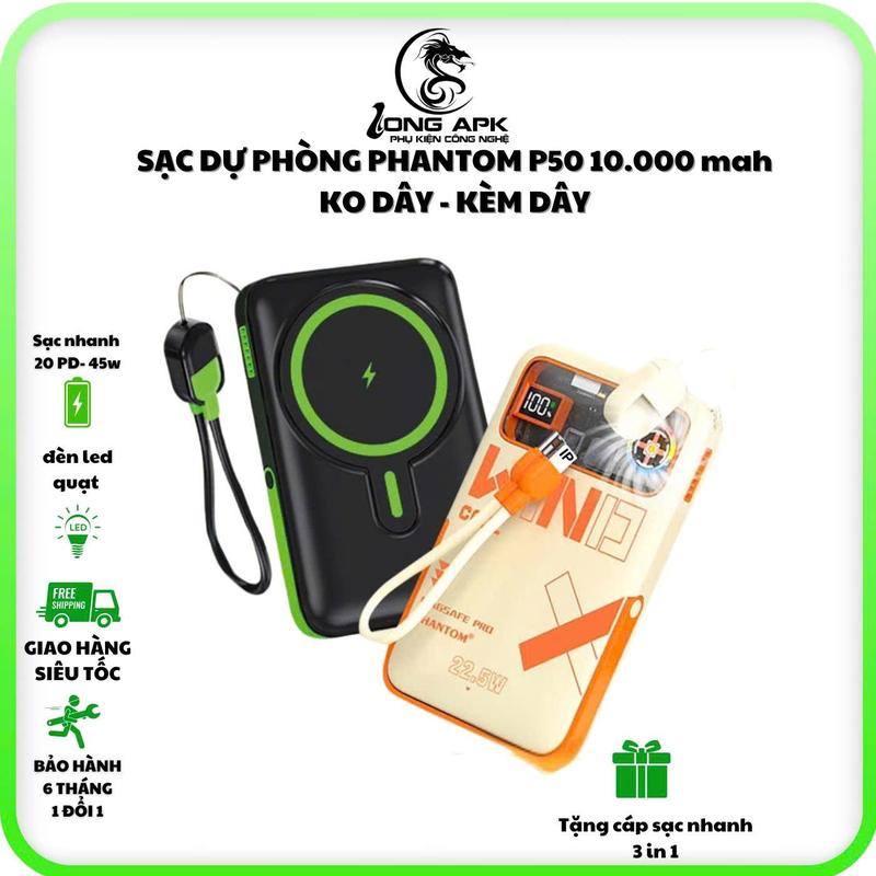 có CCC Pin sạc dự phòng không dây PHANTOM P50 10000 mah kèm dây 2 in 1 có đèn led và đế dựng điện thoại sạc phone pin dự phòng
