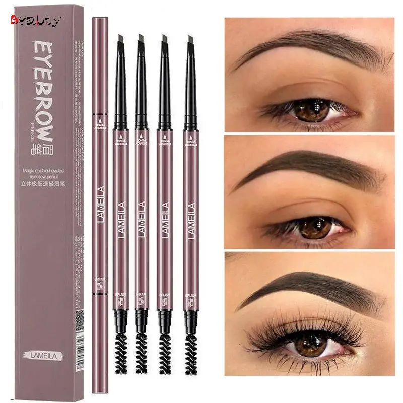 LAMEILA 4 Colors Ultra  Double Head Eyebrow Pencil Waterproof Long Lasting Professional Eyebrows Pen Cosmetics Dark Brown Grey Color