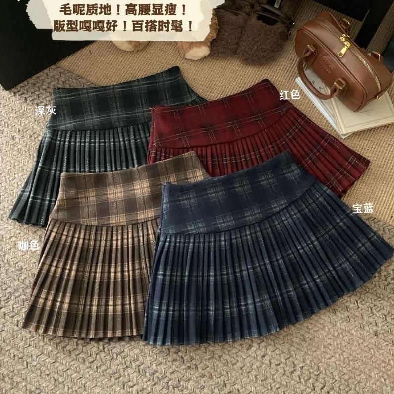 Chân Váy Xếp Ly, Ankela, Kẻ Sọc Đỏ, Dành Cho Nữ, Mùa Đông, Cạp Cao, Bó Sát, Chân Váy Len, Chân Váy Thời Trang, Ôm Vừa Vặn, Hiệu Ứng Bó Sát