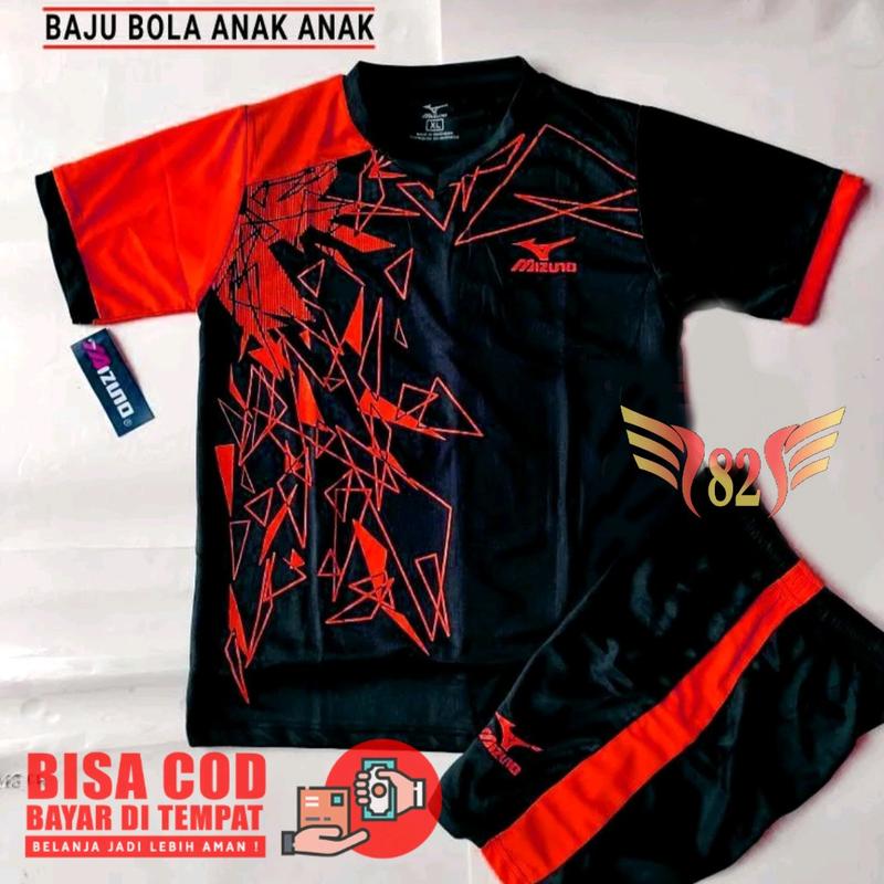 Bisa Request Sablon Nama Nomor Setelan Jersey Bola Anak Baju Bola Futsal Anak SSB Junior Usia MZ Hitam Merah XL