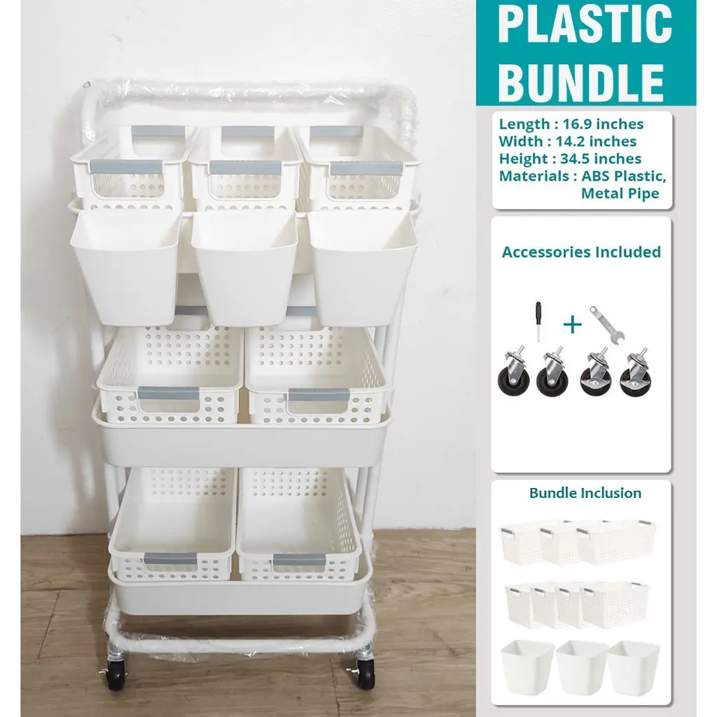 3 Tier Trolley Cart Organizer For Baby Utility Trolley Carbon Steel Cart Utility Trolley Cart for Baby Organizer Storage Rack Shelf with 4 Wide Baskets, 3 Narrow Baskets and 3 Hanging Buckets Metal Hangable