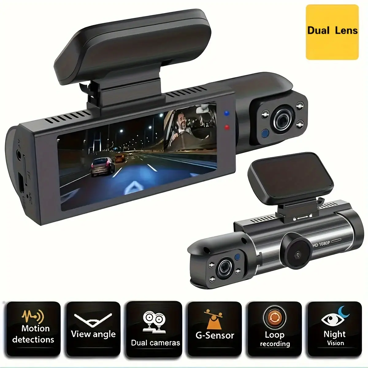 1080p dual dash camera, for car, with IR night vision, coupling recording, wide angle lens, 8.03 cm car IPS screen