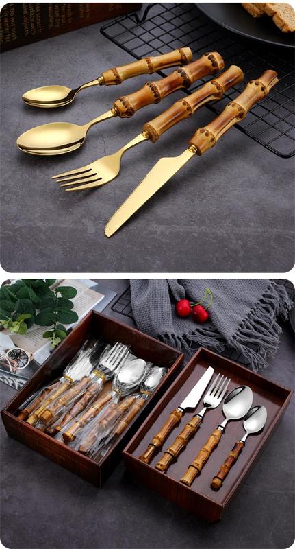 Product Introduction of 16/24PCS Creative Bamboo Handle Stainless Steel Tableware With Steak Knives Flatware Knives Set Includes Dessert Spoon Forks 27