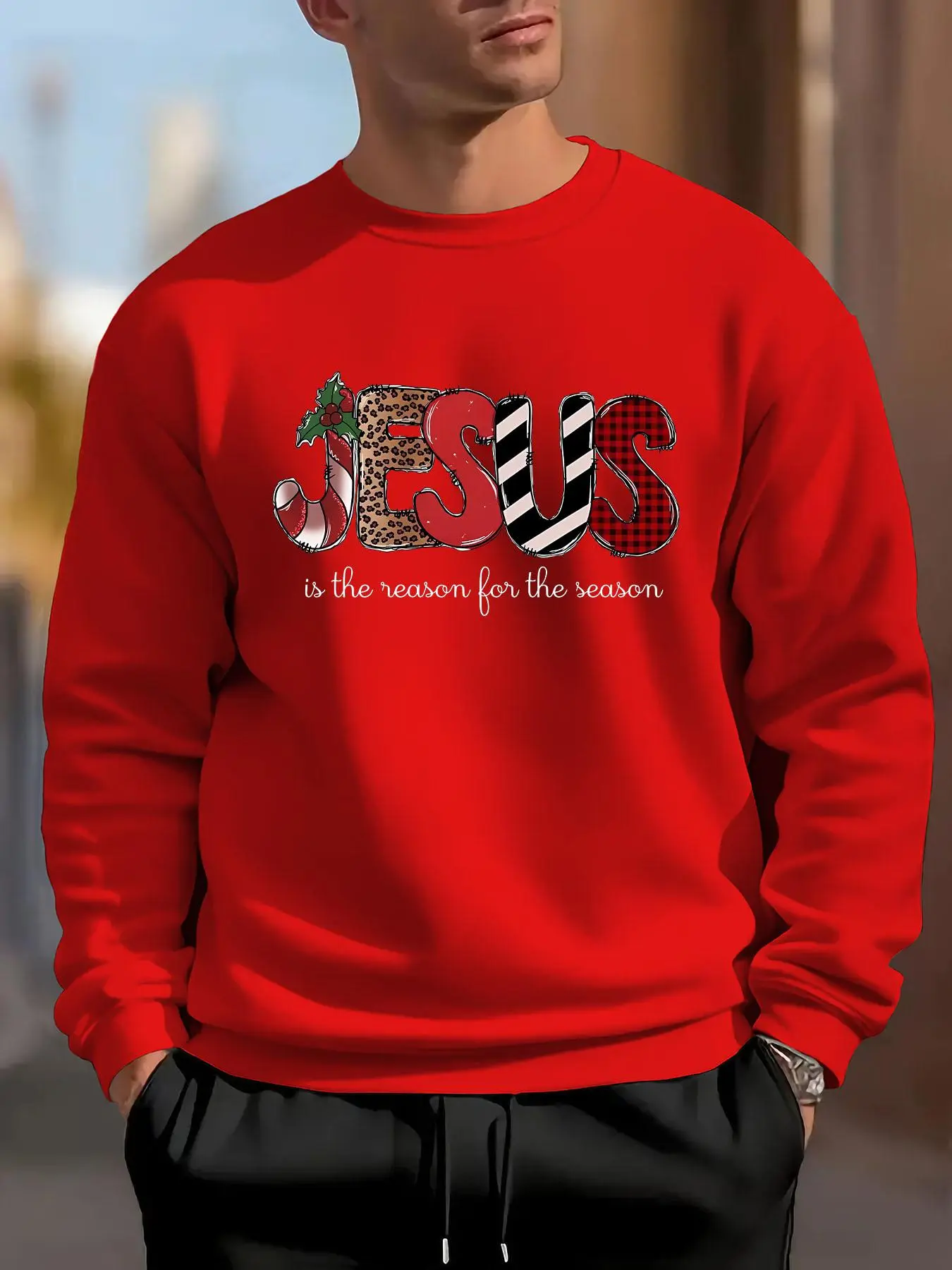 Men's Christmas Letter Print Drop Shoulder Sweatshirt, Regular Fit Casual Soft Comfy Long Sleeve Round Neck Pullover for Daily Wear, Men's Top for Fall & Winter