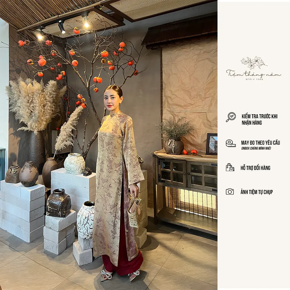 Áo dài Giai Ý - Màu nâu, Chất gấm tơ dáng suông xưa, nhiều màu
