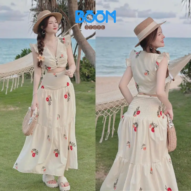 Set Váy Đi Biển Kaki Lụa Áo Cánh Tiên Cổ V Phối Chân Váy Dài Xinh Xắn Tiểu Thư 0