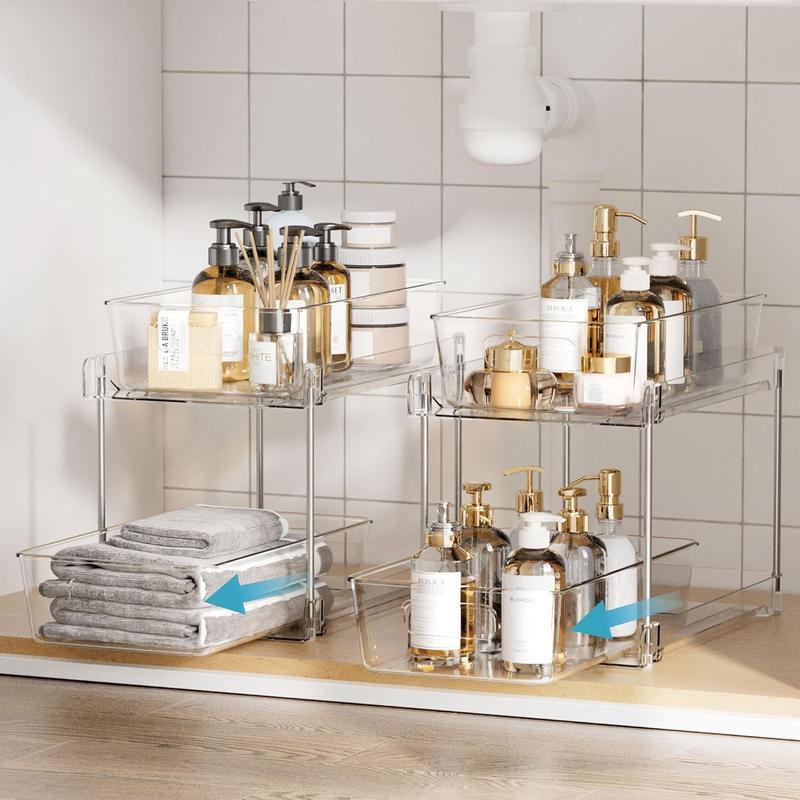 Bathroom Organizer, 2 Tier Clear Under Sink Organizers Vanity Countertop Storage Container,Cabinet Drawers Bins, Pull-Out Organization with Track for Pantry, Kitchen 3
