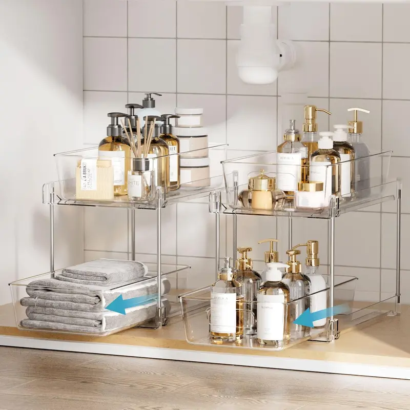 Bathroom Organizer, 2 Tier Clear Under Sink Organizers Vanity Countertop Storage Container,Cabinet Drawers Bins, Pull-Out Organization with Track for Pantry, Kitchen Boxes 3