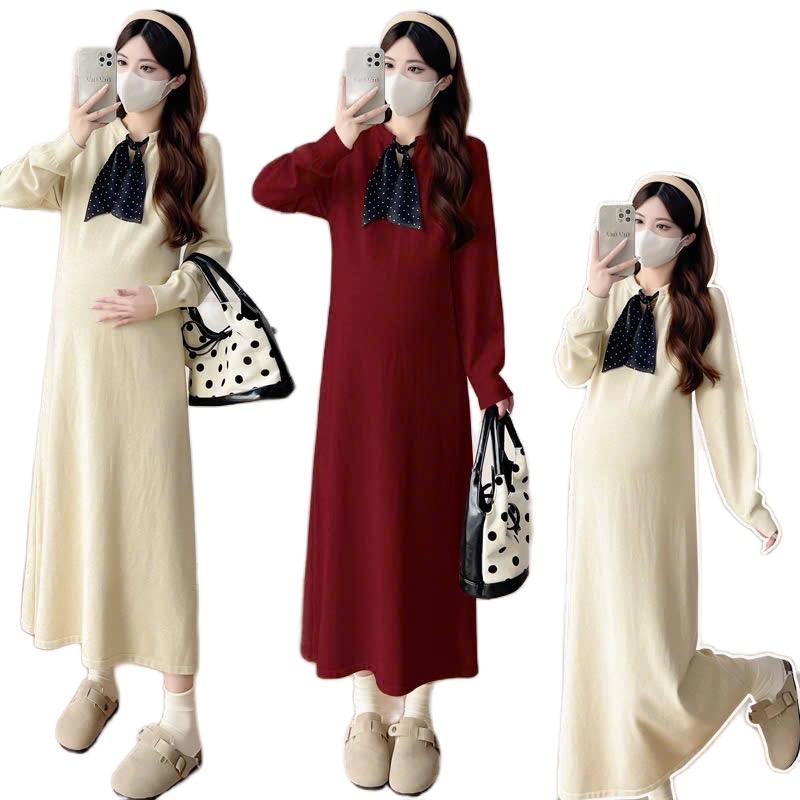 DEAL MỞ BÁN Váy suông đầm bầu MAMADRESS LEN TĂM thiết kế CỔ NƠ CHẤM BI xinh xắn tiểu thư V245 Váy Bầu Dài 120cm Women Nữ Đen Kem Voi