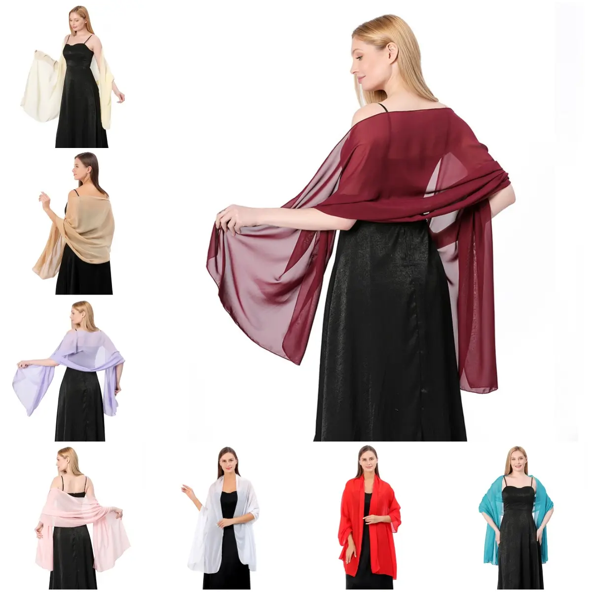 High Quality Solid Color Chiffon Dinner Shawl| Bride Bridesmaid Universal Fashion Shawl| Cheongsam Dress Party Universal Scarf| Elegant and Versatile, Essential for Style selendang  bahu sulam  shawl sahara  shawl selendang