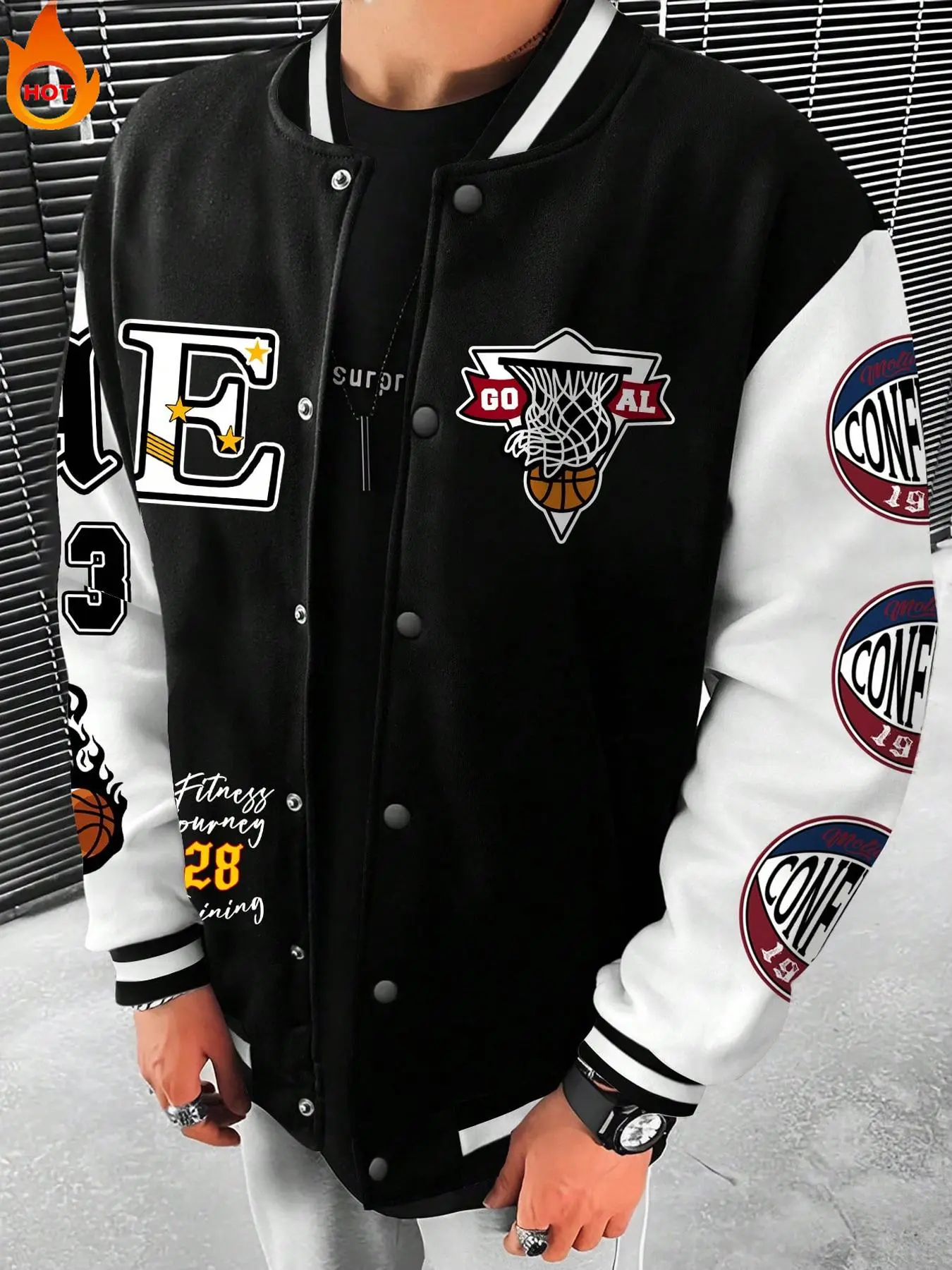 Men's Colorblock Basketball Graphic Button Front Varsity Jacket, Loose Casual Long Sleeve Mock Neck Outerwear for Fall & Winter, Men's Clothes for Daily Wear