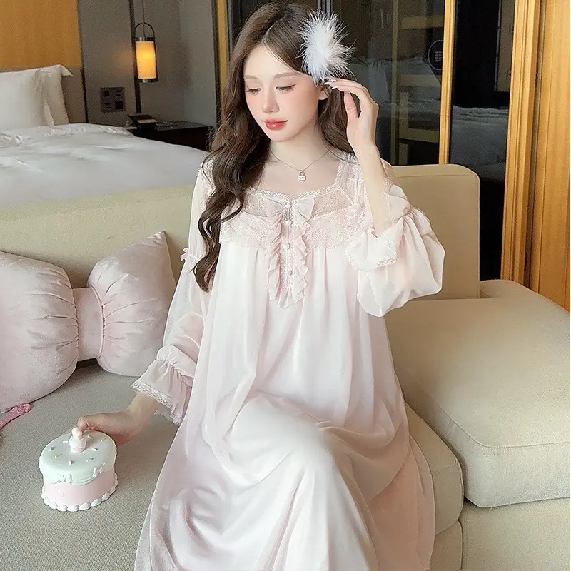 SP.783 Váy ngủ tiểu thư dài tay voan thun cotton mềm cổ ren dễ thương hàng Quảng Châu cao cấp