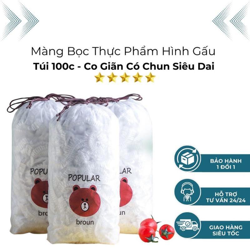￼[COMBO 5 TÚI] Màng bọc thực phẩm co giãn( mỗi bịch khoảng 88- 100 cái) siêu dai có chun kèm hình gấu kute