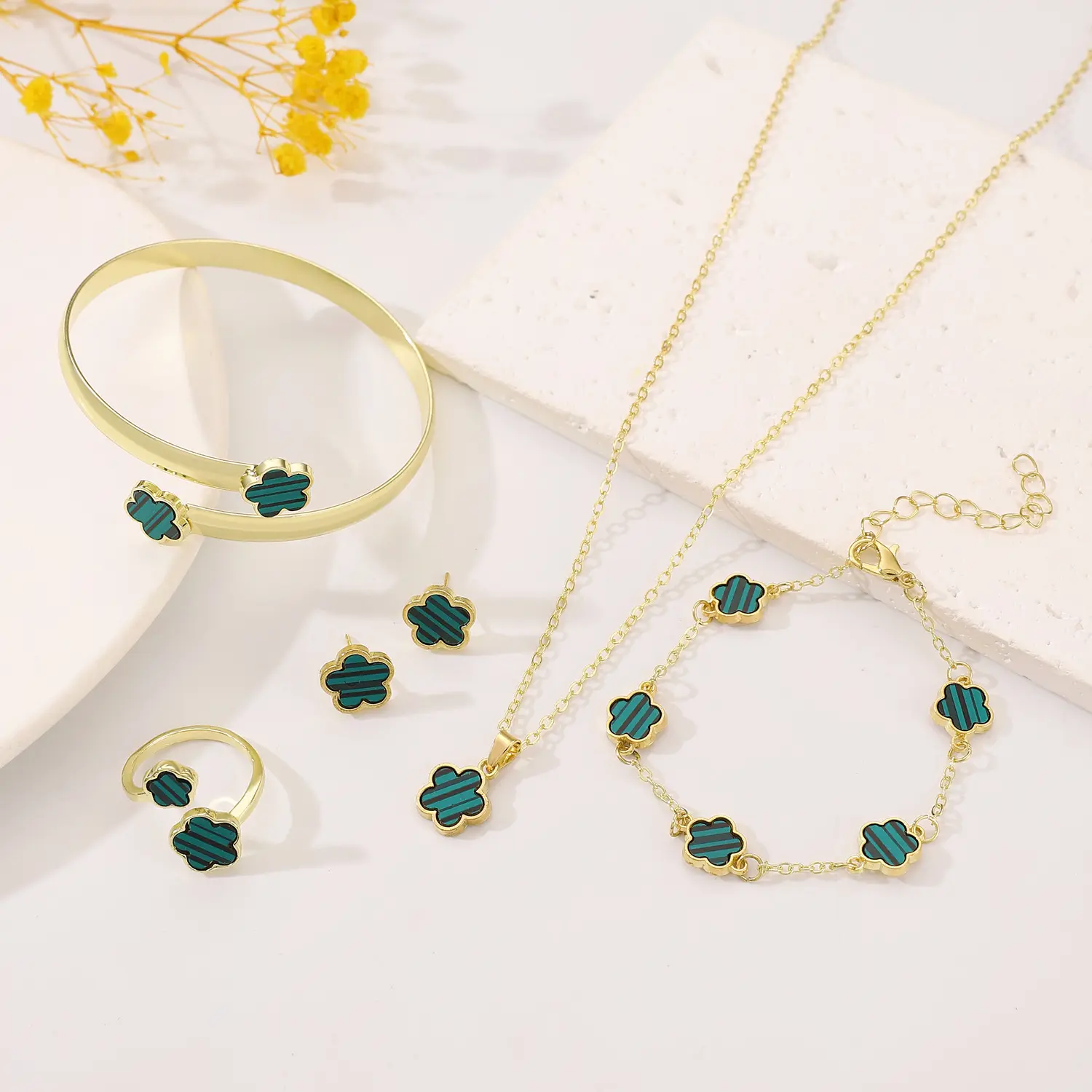 Lucky Flower Jewelry Set: Clover Bracelet, Necklace, Earrings, Ring for Women