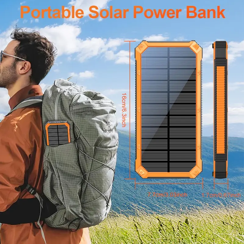 Solar Powered Power Bank, 20000mAh Portable Charger with Flashlight, Built-in Solar Panel and Bright Flashlight, Suitable for Outdoor Camping Party Sports, Valentine's Day Gift 1