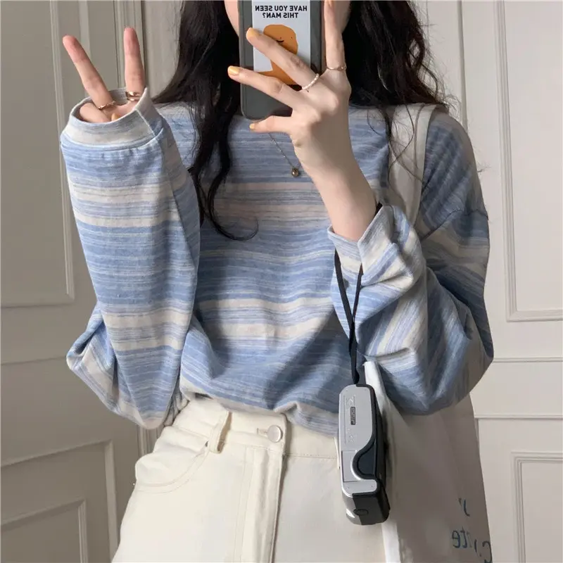 yikoo-Korea kaos wanita t shirt bergaris atasan lengan panjang top Biru Hijau