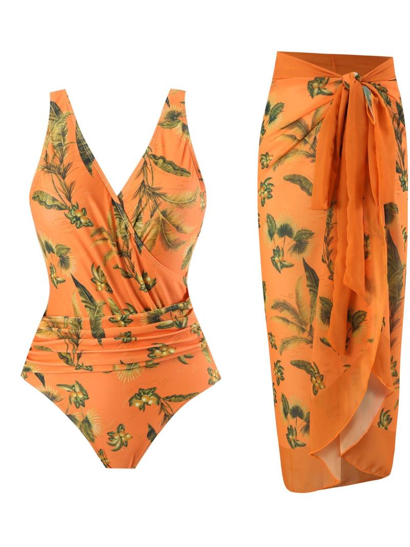 Product Introduction of Women's All Over Print One-piece Swimsuit & Cover Up Skirt Set, Casual Fashion Swimwear Set for Beach Holiday Vacation, Ladies Swimsuit for Summer 5