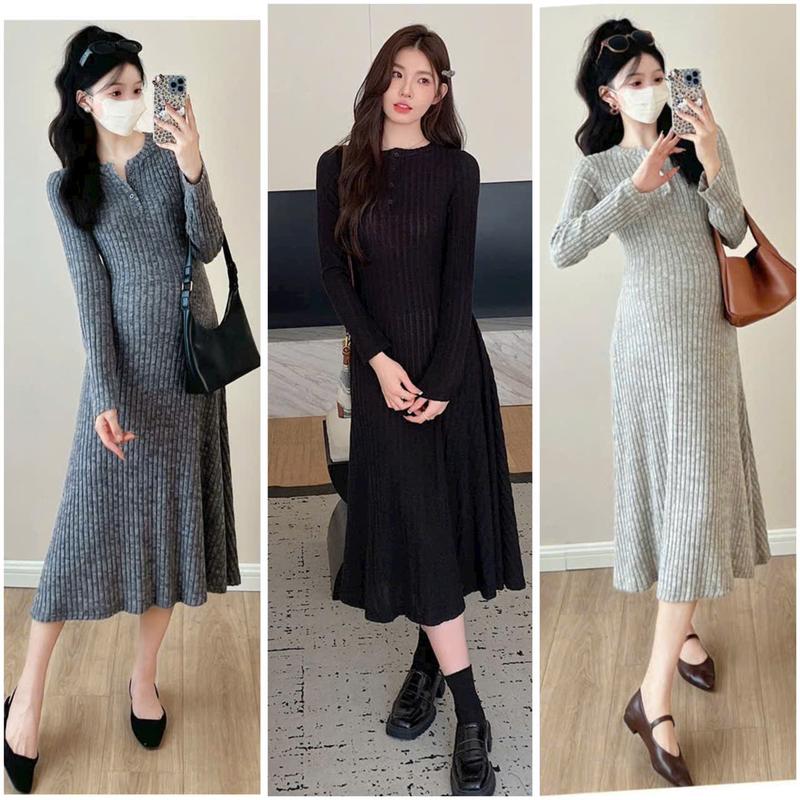  Váy Bầu Kết Hợp Sau Sinh    V184 . Váy  Dáng Dài  Len Tăm  - Cổ V - Chân Váy Xoè Đuôi Cá  Duyên Dáng - 3 Màu 